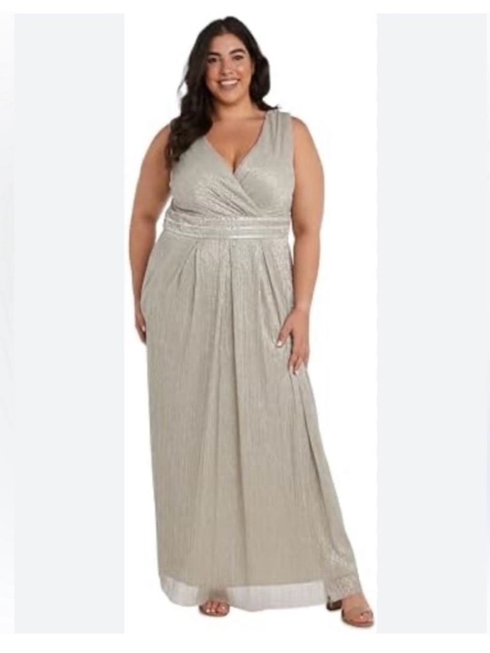 Plus-Size Metallic Wrap Maxi Dress in Silver